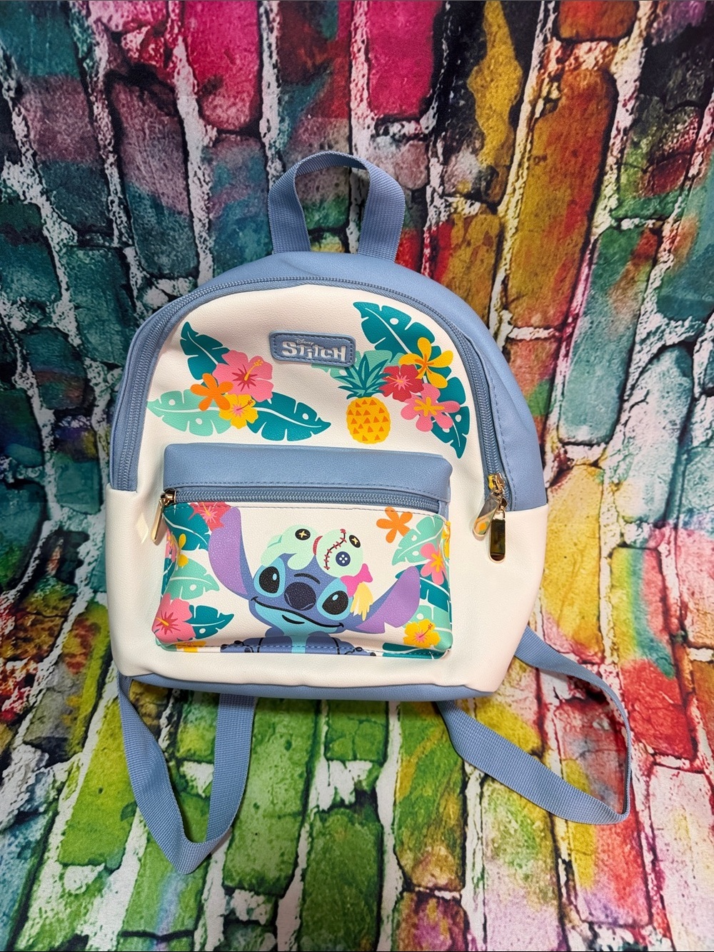 Disney White & Light Blue Kids Backpack with Stitch Tropical Print mini purse